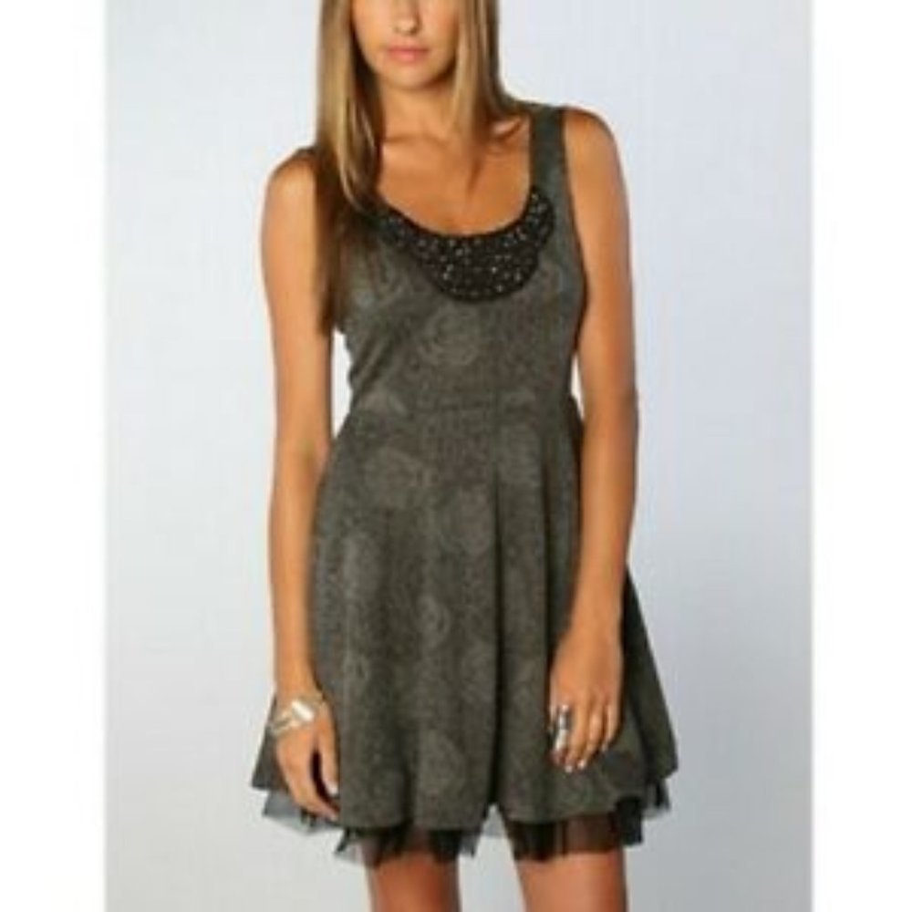 EUC FREE PEOPLE Beaded Floral A-Line Grey Boho Dress